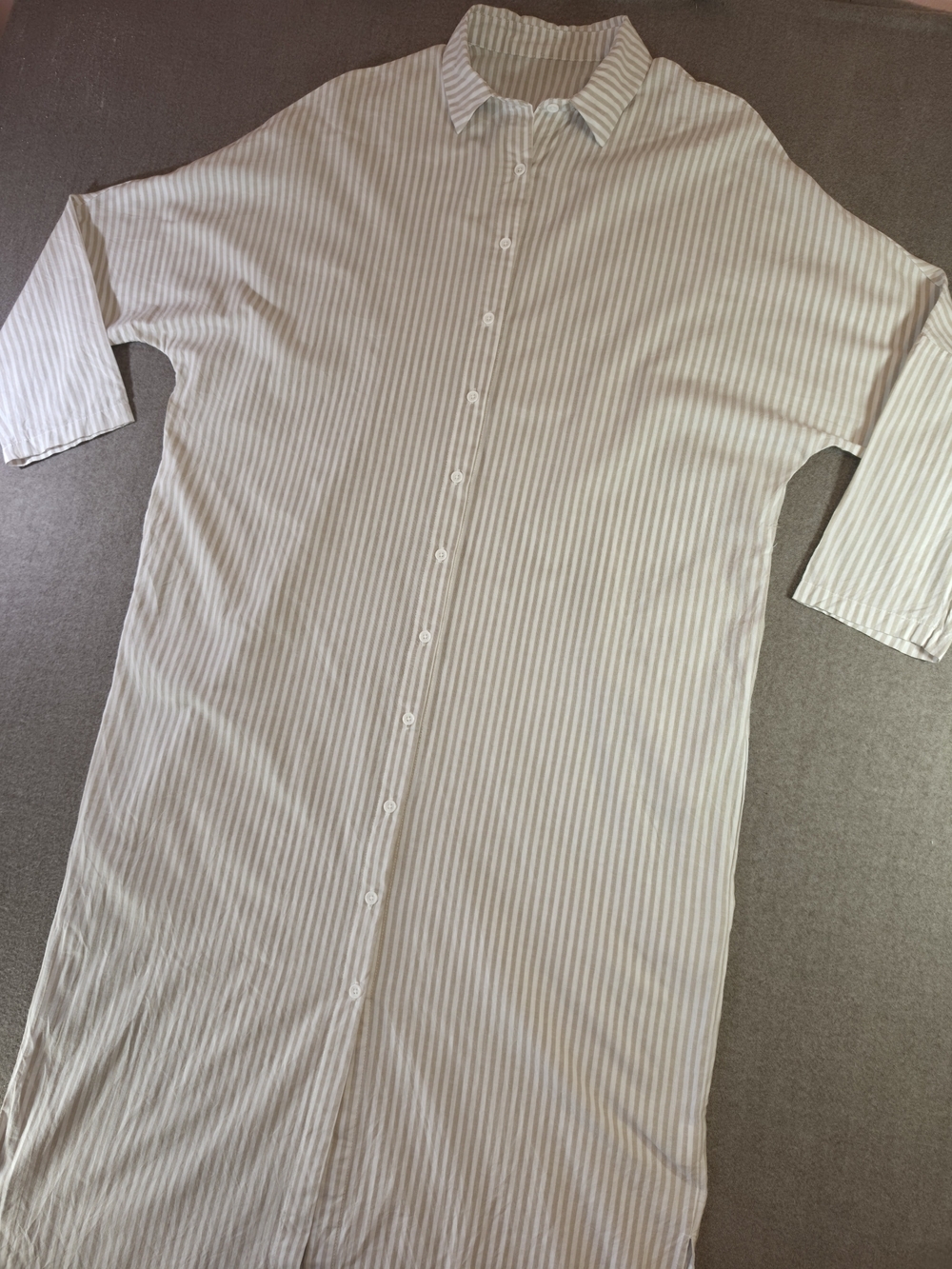 Chouyatou Striped Button-Down Long Shirt Dress Beige & White Coverup 100% Cotton - Picture 2 of 12